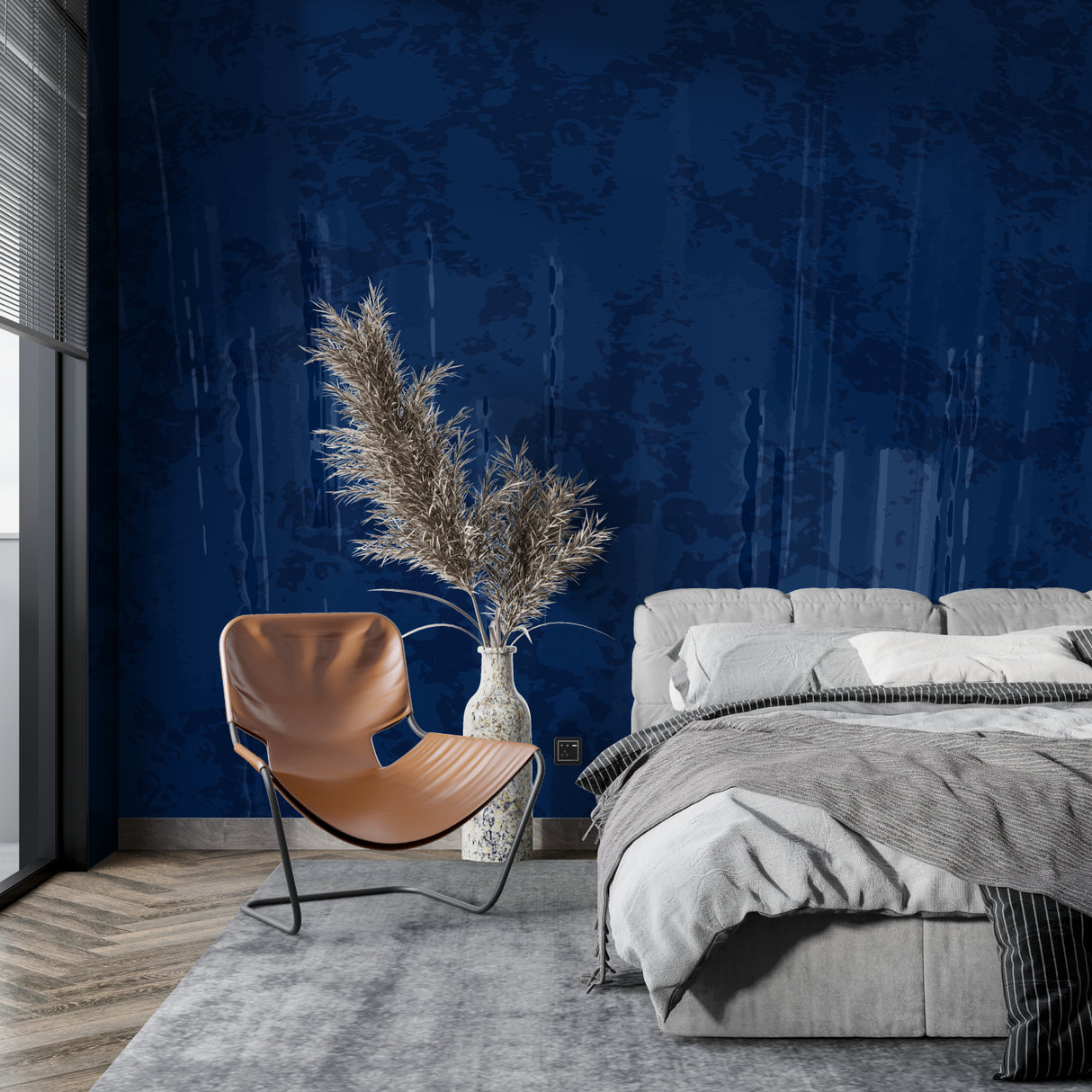 Blue textured wall mural in hallway with natural light showing surface detail