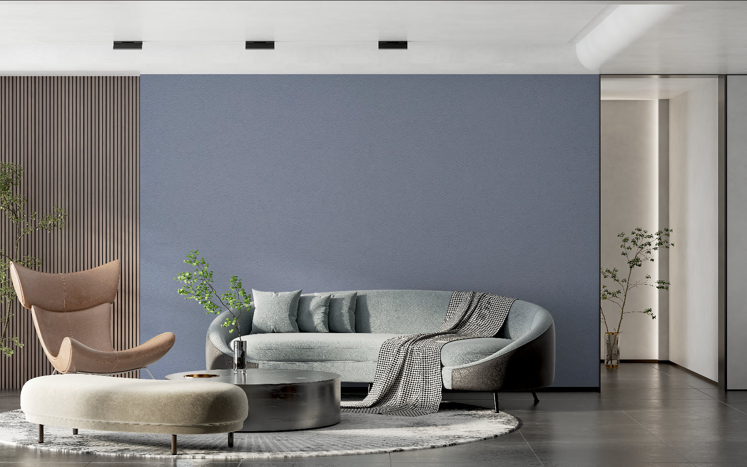 Modern grey wallpaper in bright Scandinavian living room with minimal furniture