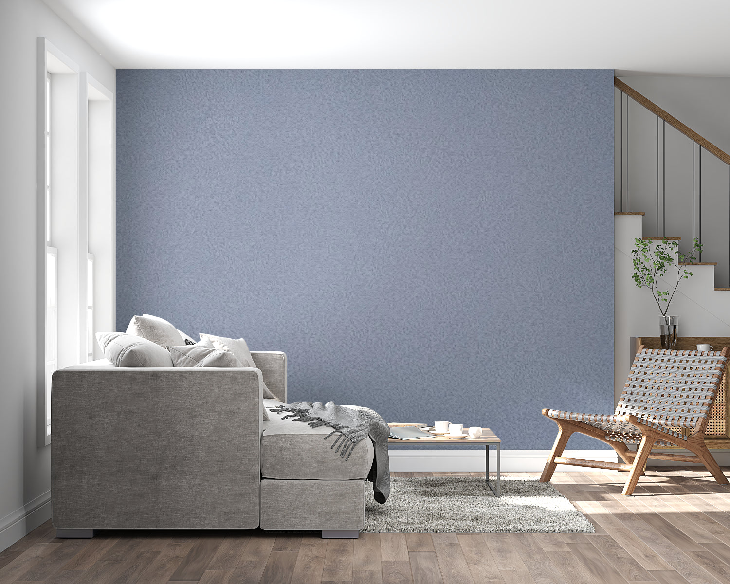 Blue grey minimalist wall mural in modern office space with natural light