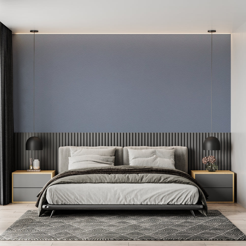 Contemporary bedroom featuring modern grey wall mural with pendant lights