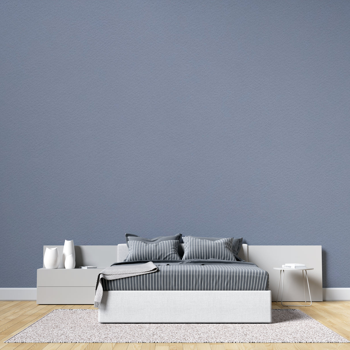 Minimalist dining room with blue grey wall design and wooden furniture