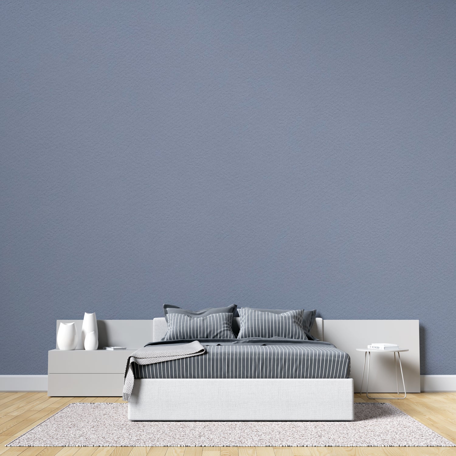 Minimalist dining room with blue grey wall design and wooden furniture