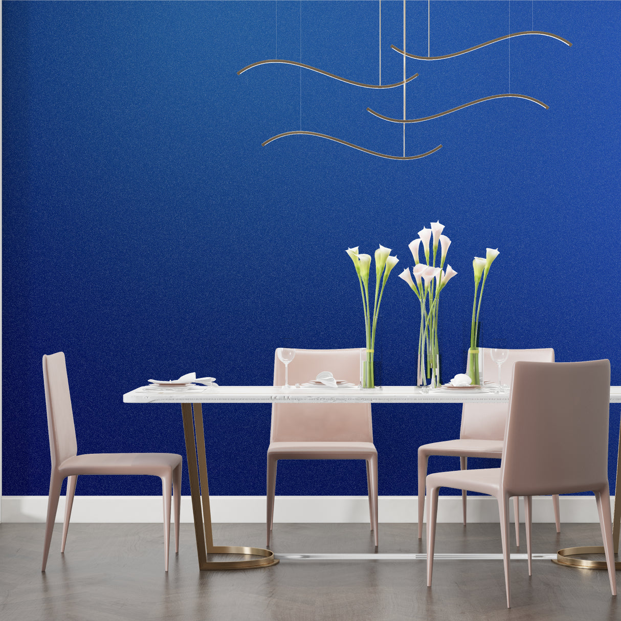 Navy blue wall mural with gold accents in a luxurious master bedroom setting