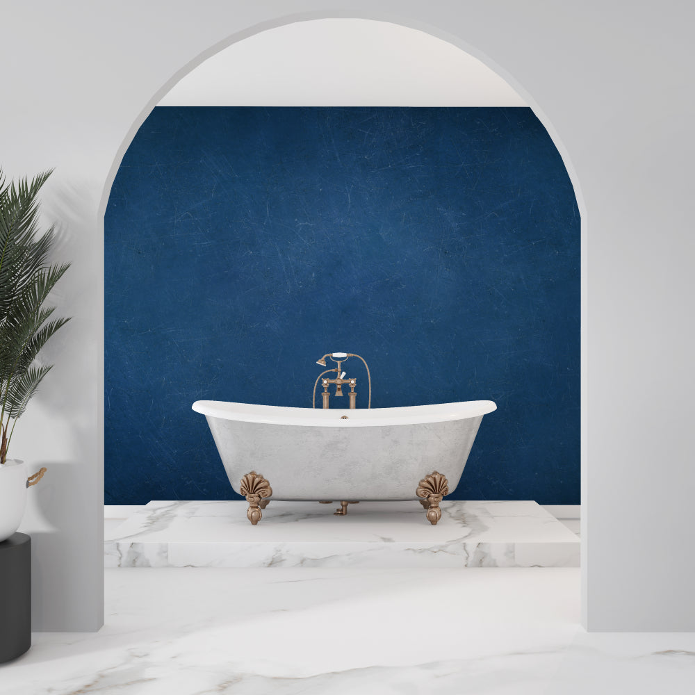 Master bedroom featuring textured navy blue wall mural with gold accents