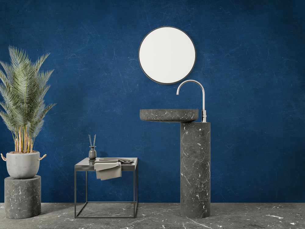 Home office space with blue textured wallpaper creating professional atmosphere
