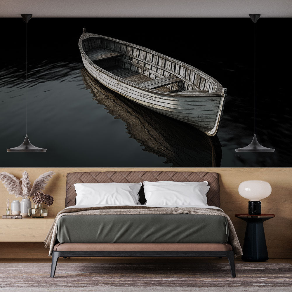 Boat wallpaper mural creating a dramatic focal point in a modern dining room with minimalist furniture