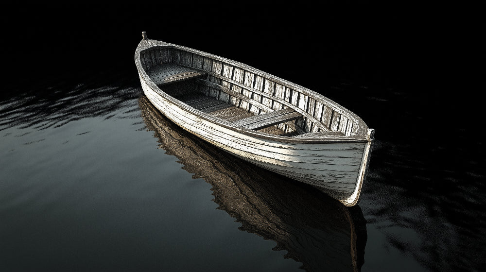 Wooden boat wallpaper design file showing detailed monochromatic pattern with dark water reflections