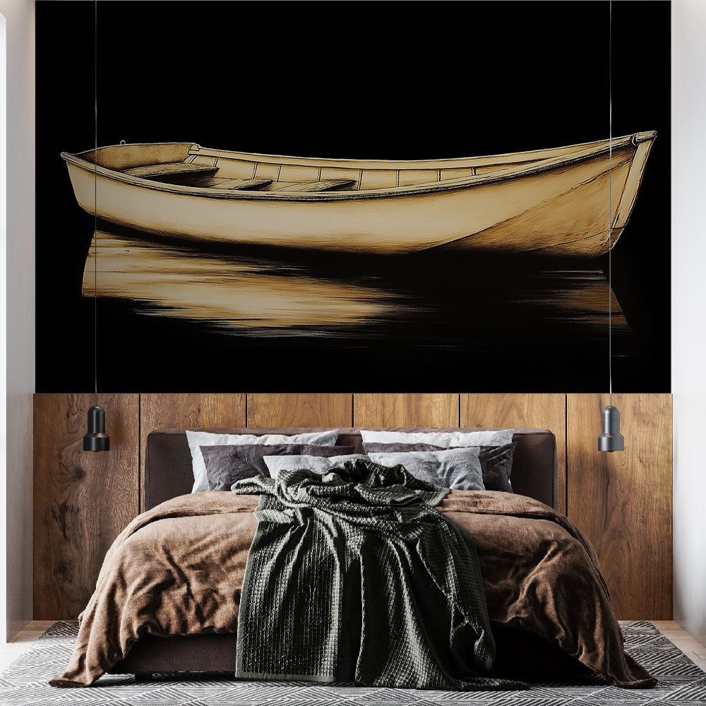 Vintage boat wallpaper creating a sophisticated atmosphere in a modern dining room with sepia tones