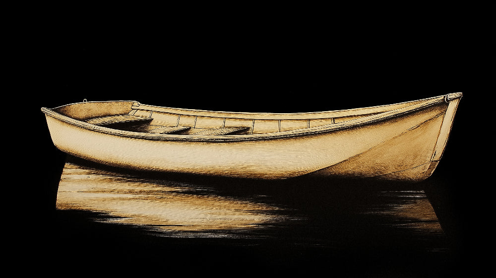 Vintage wooden boat design file showing intricate sepia details and water reflections