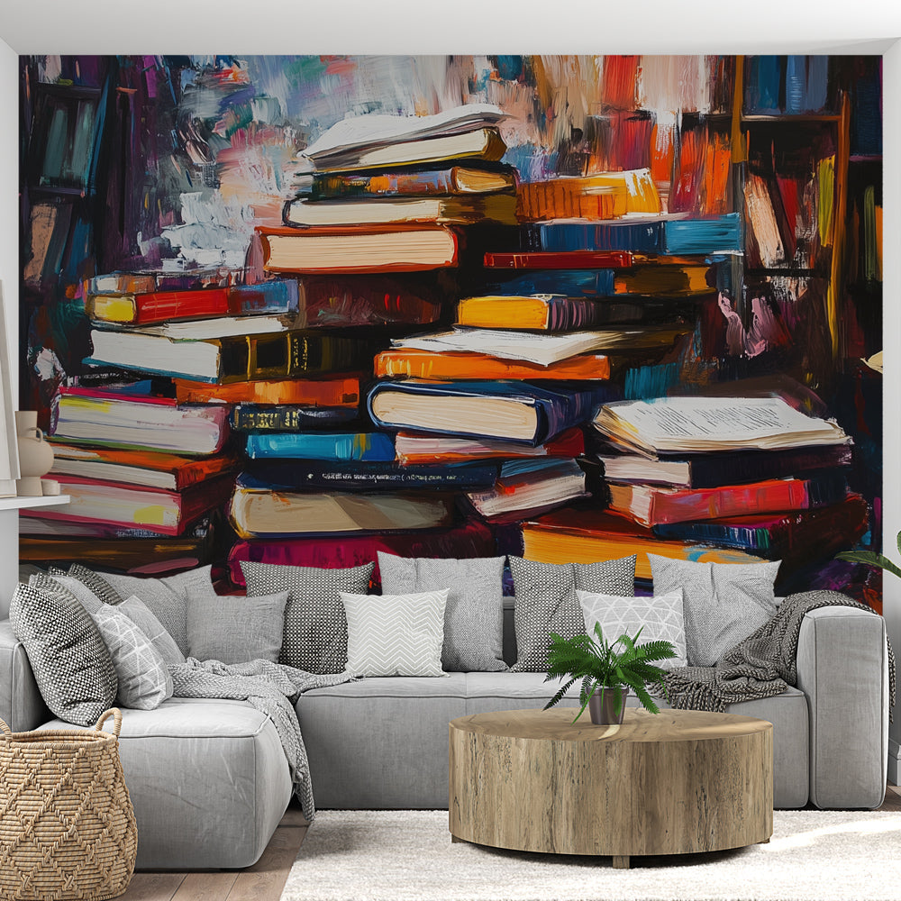 Books Mural Wallpaper styled in a modern home office with leather armchair and reading lamp showing artistic oil painting effect