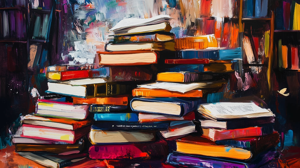 Books Mural Wallpaper design file showing detailed oil painting style book collection pattern