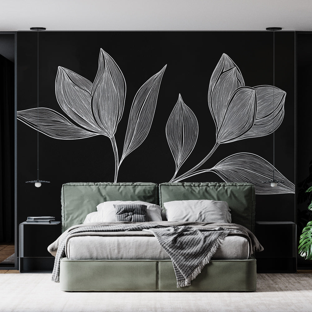 Black and white botanical line art wallpaper styled in a modern minimalist living room with sleek furniture