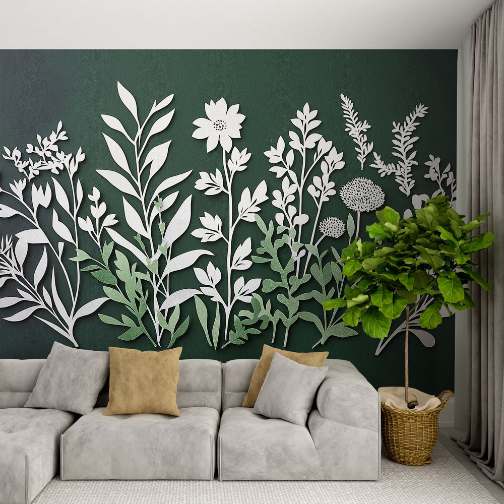 White paper cut floral wallpaper creating depth in modern living room with green accent wall and minimal furniture