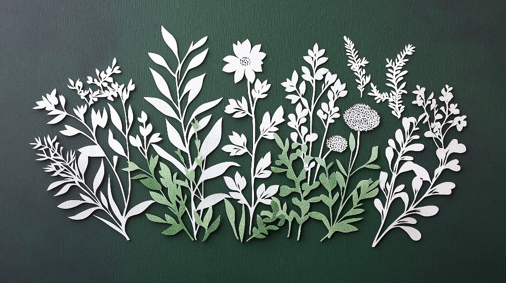 3D white floral paper cut design file showing intricate botanical pattern on emerald background