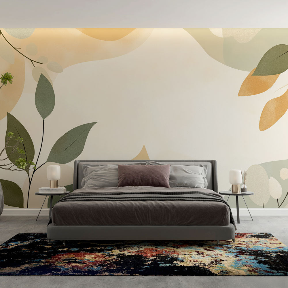 Botanical leaf wallpaper mural creating a peaceful atmosphere in a modern living room with natural light and minimal furniture