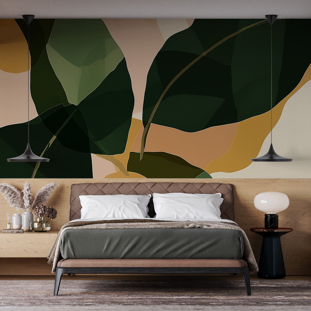 Botanical leaf wallpaper creating a luxurious atmosphere in a modern living room with green and gold accents