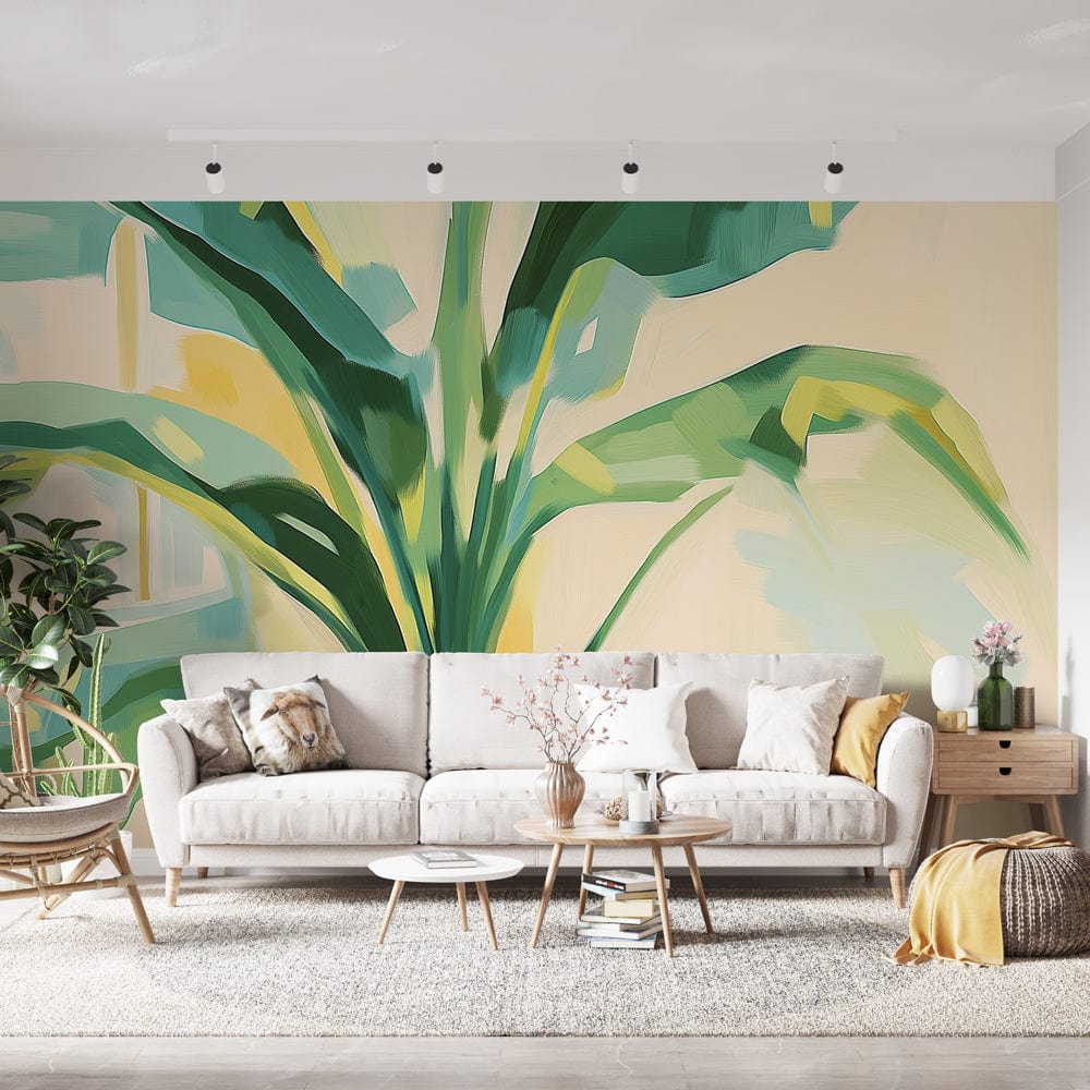 Botanical wall mural with abstract palm leaves bringing natural energy to a modern living room setting