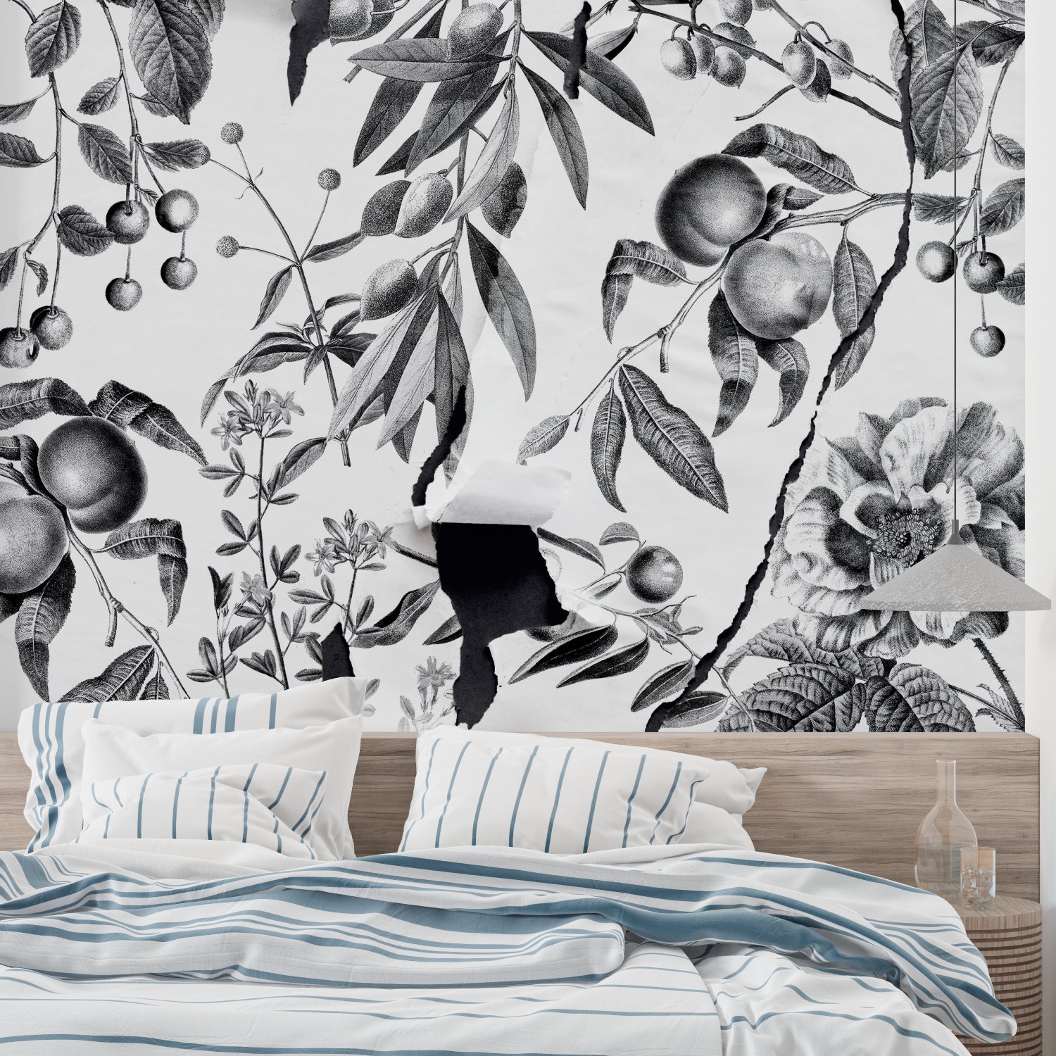 Black and white fruit wallpaper creating elegant atmosphere in bedroom