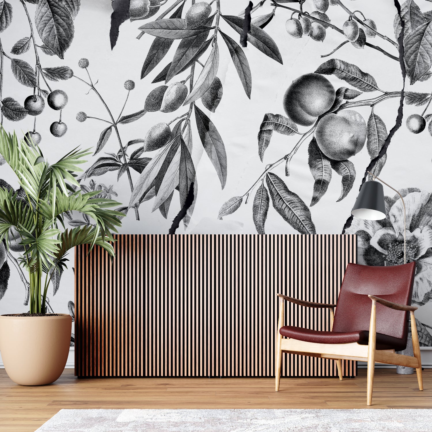 Botanical wall art installation in modern kitchen featuring fruit motifs
