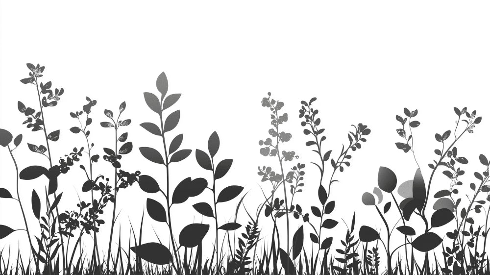 Botanical wallpaper design file showing detailed black and white garden silhouettes pattern