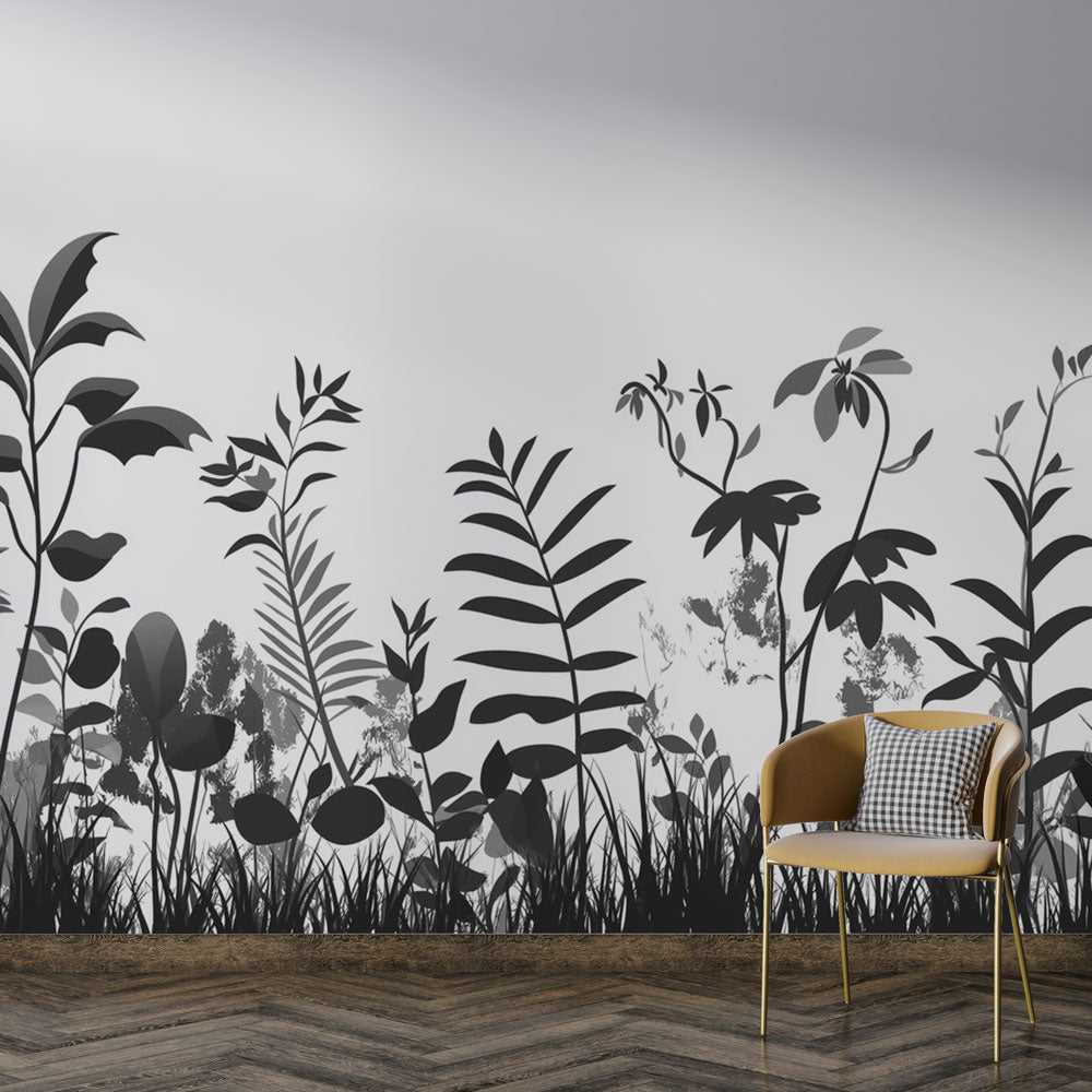 Black and white botanical wallpaper mural creating a stunning feature wall in a modern minimalist living room