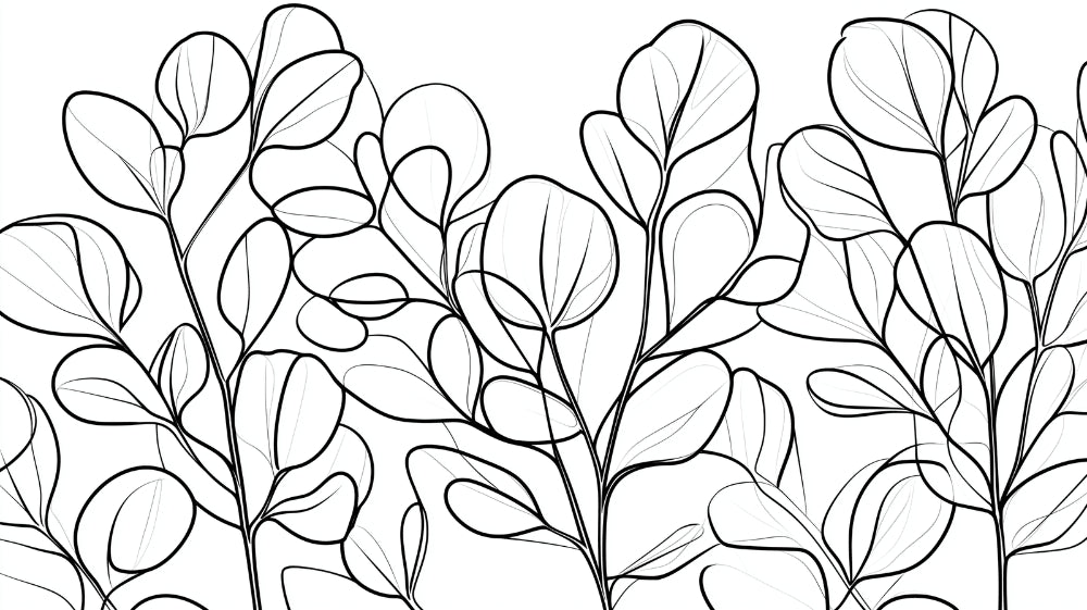 Minimalist black and white botanical wallpaper design file showing flowing leaf pattern