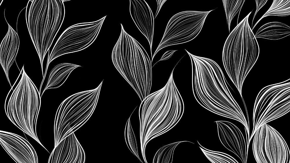 Black and white botanical leaf wallpaper creating a modern statement wall in a minimalist living room with white furniture