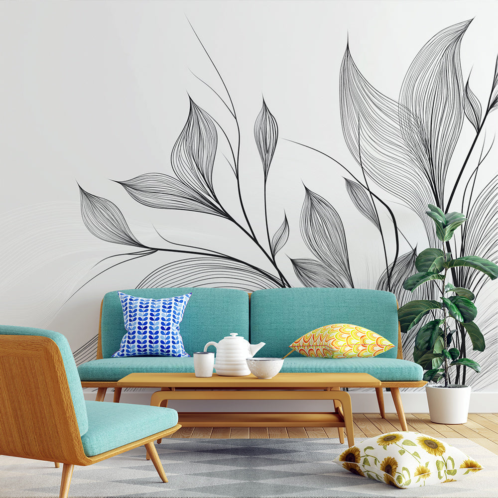 Black and white botanical line art wallpaper creating a modern statement wall in a bright living room