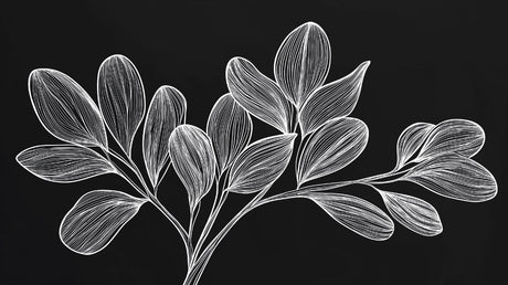 Botanical line art wallpaper design file showing detailed white leaf patterns on black background