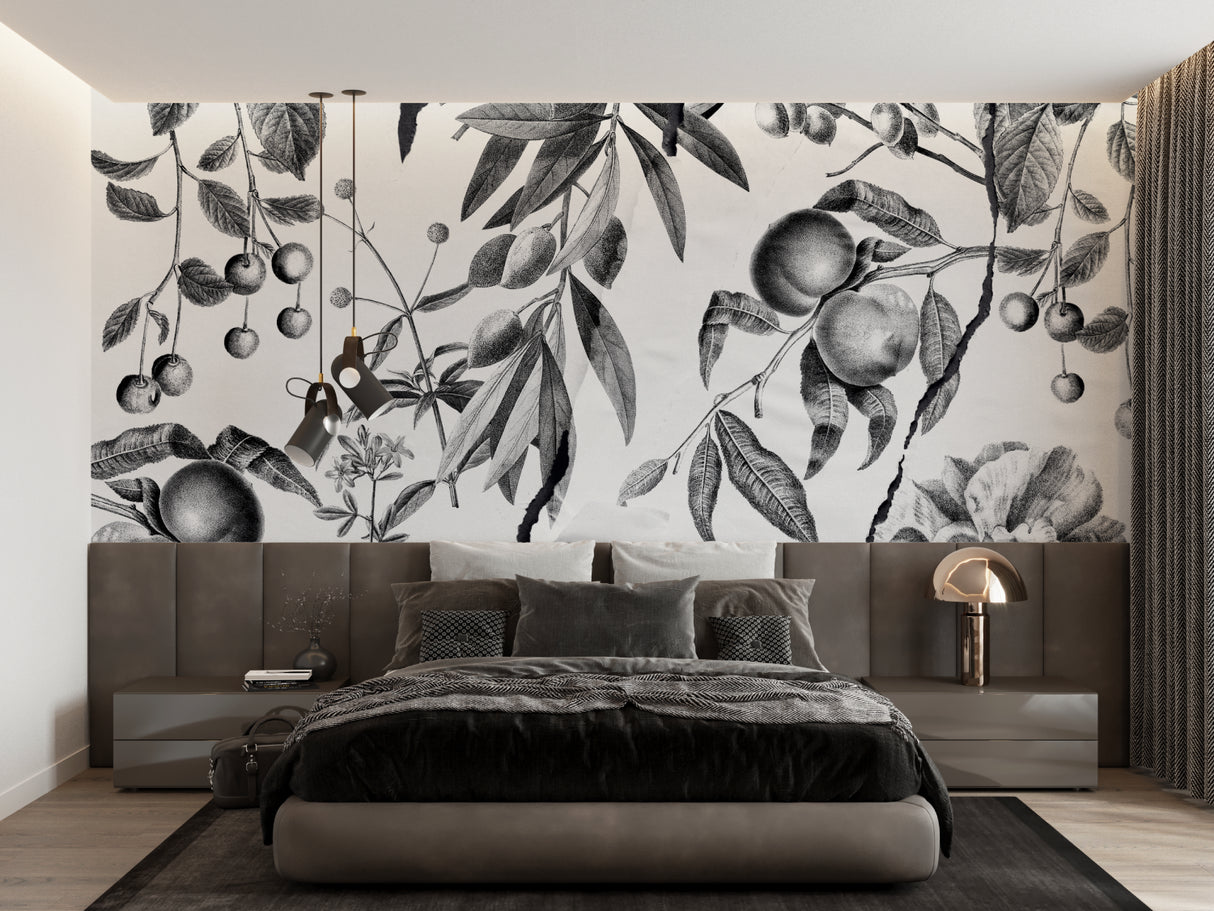 Black and white botanical wallpaper in a modern kitchen setting highlighting detailed fruit illustrations