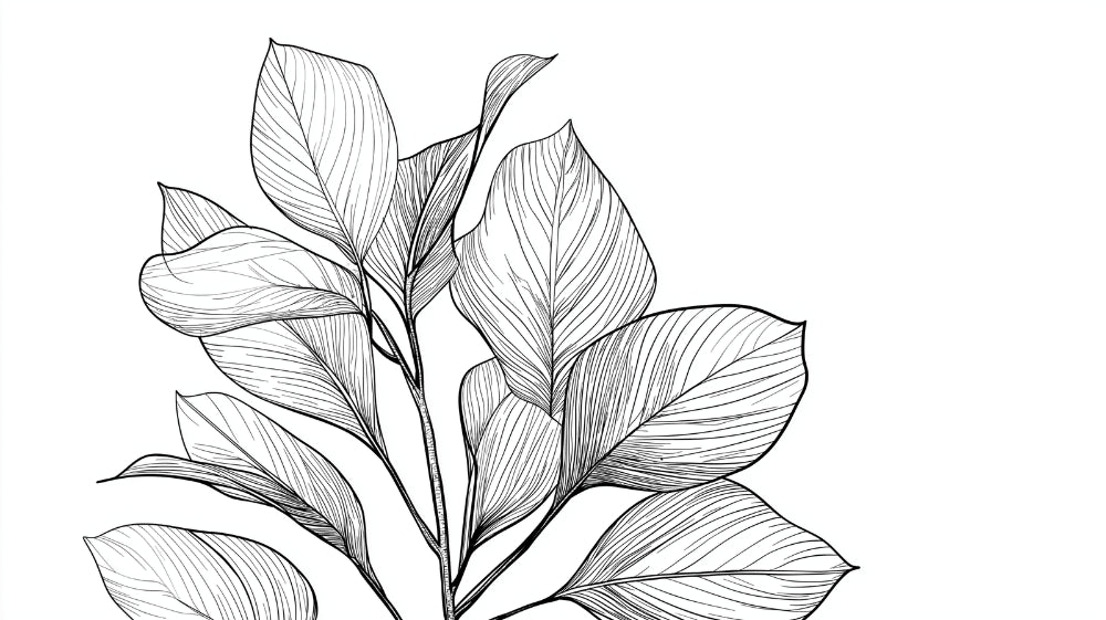 Botanical line art wallpaper design file showing detailed black leaf pattern on white background