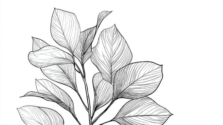Botanical line art wallpaper design file showing detailed black leaf pattern on white background