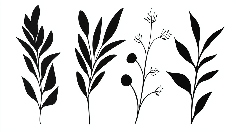 Botanical line art design file showing precise black plant silhouettes on white background