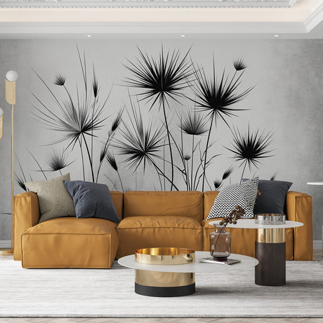 Black Yucca botanical wallpaper creating striking contrast in modern living room with minimal furniture