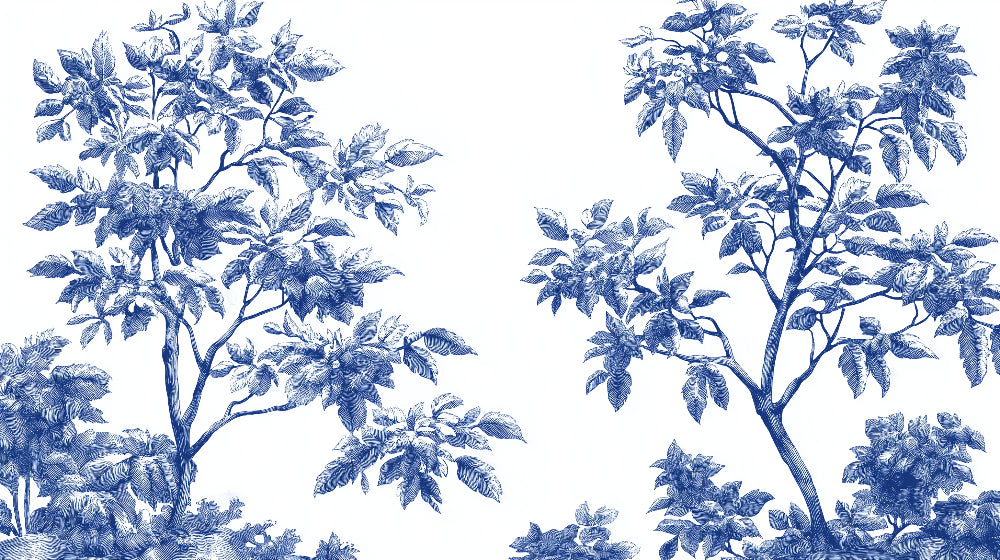 Blue and white botanical wallpaper design file showing intricate leaf pattern and details