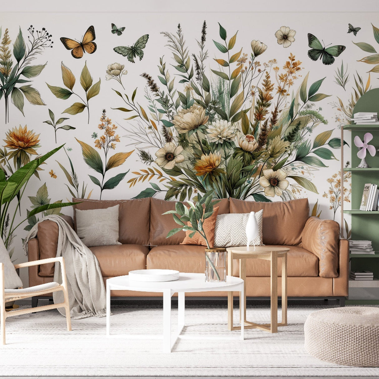 Butterfly and wildflower wallpaper mural in bright living room with natural light showing morning garden atmosphere