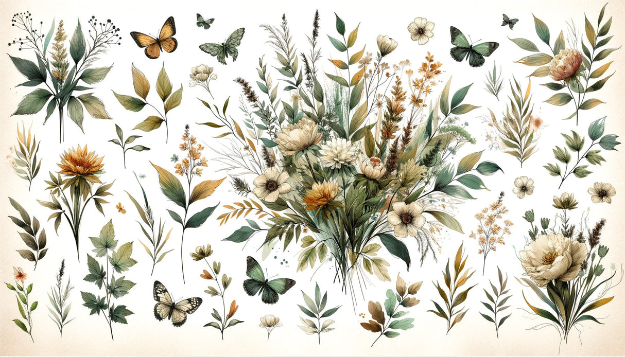 Botanical wall mural with butterflies creating calm bedroom sanctuary with soft morning light