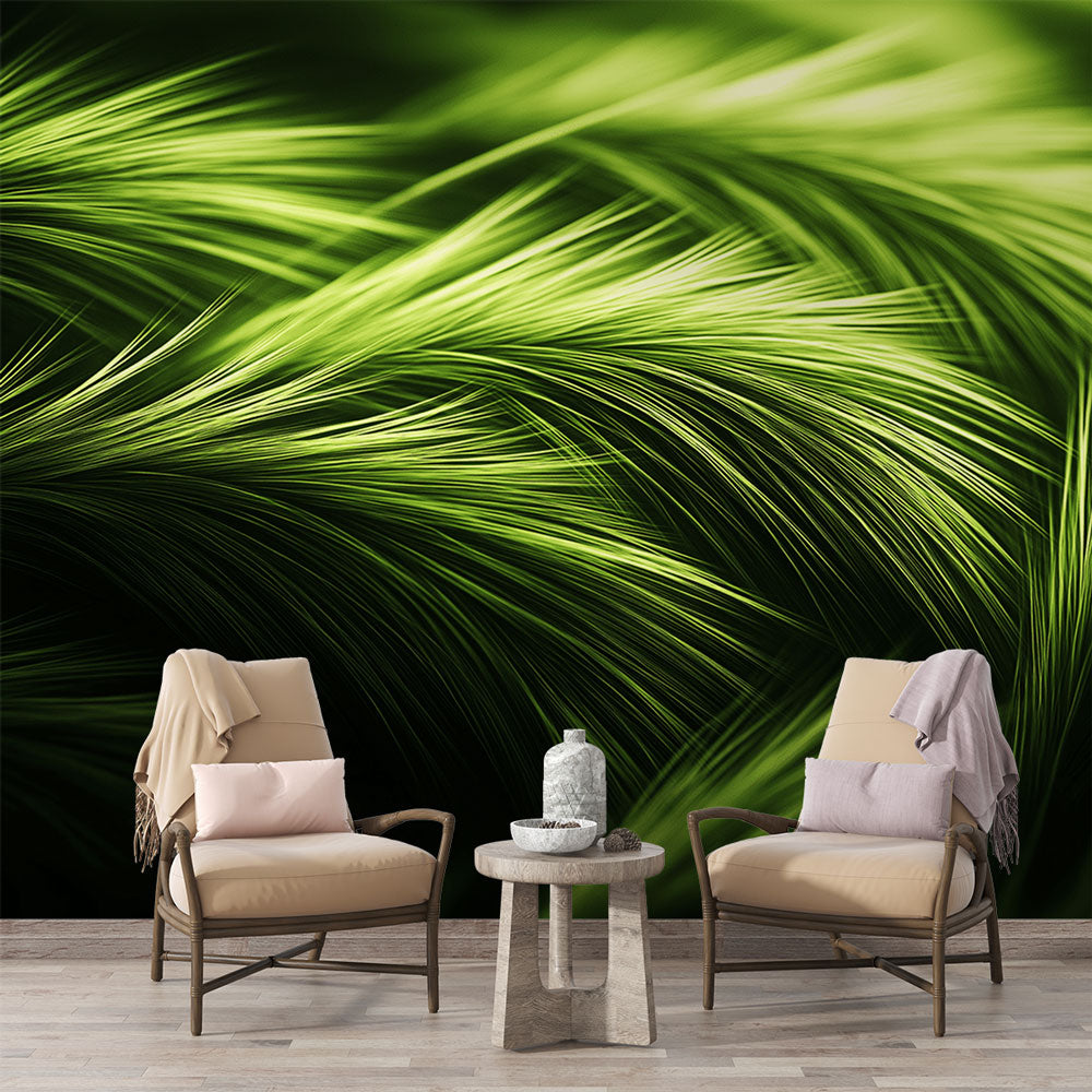 Botanical grass wallpaper creating a fresh accent wall in a modern living room with natural light and minimal furniture
