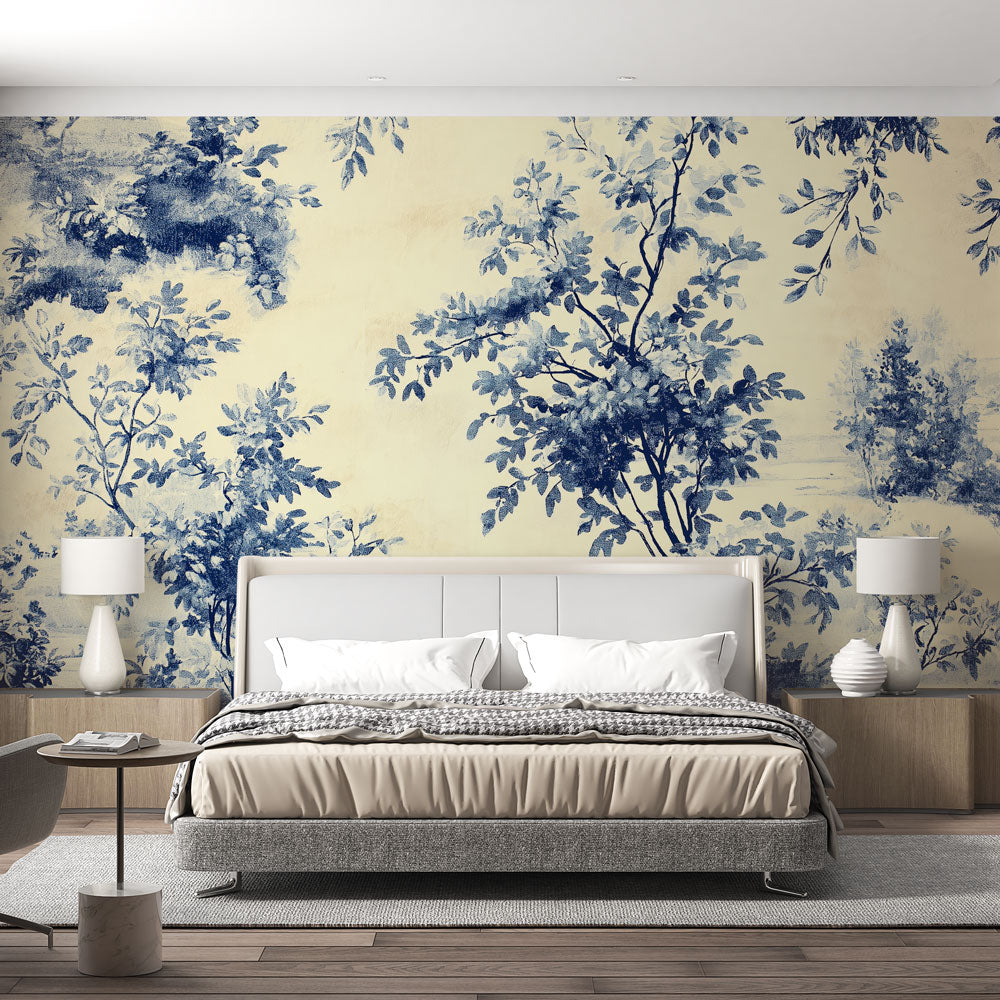 Blue Botanical Wallpaper creating a serene atmosphere in a modern living room with natural light