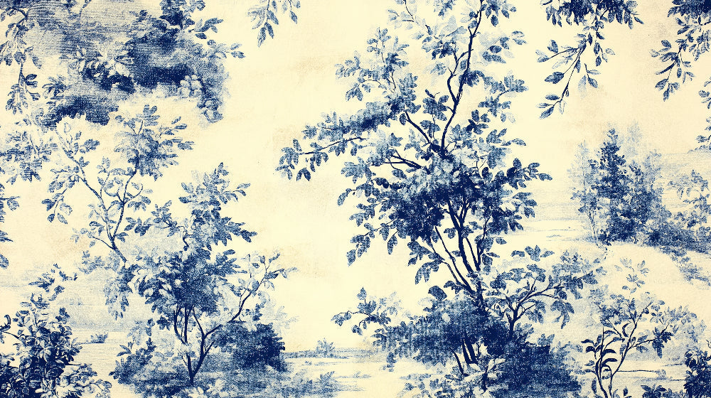 Botanical Wallpaper design file showing detailed blue foliage pattern on cream background