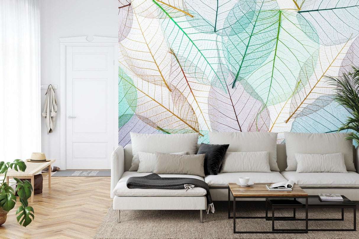 Botanical leaf wallpaper creating a fresh atmosphere in a modern living room with natural light