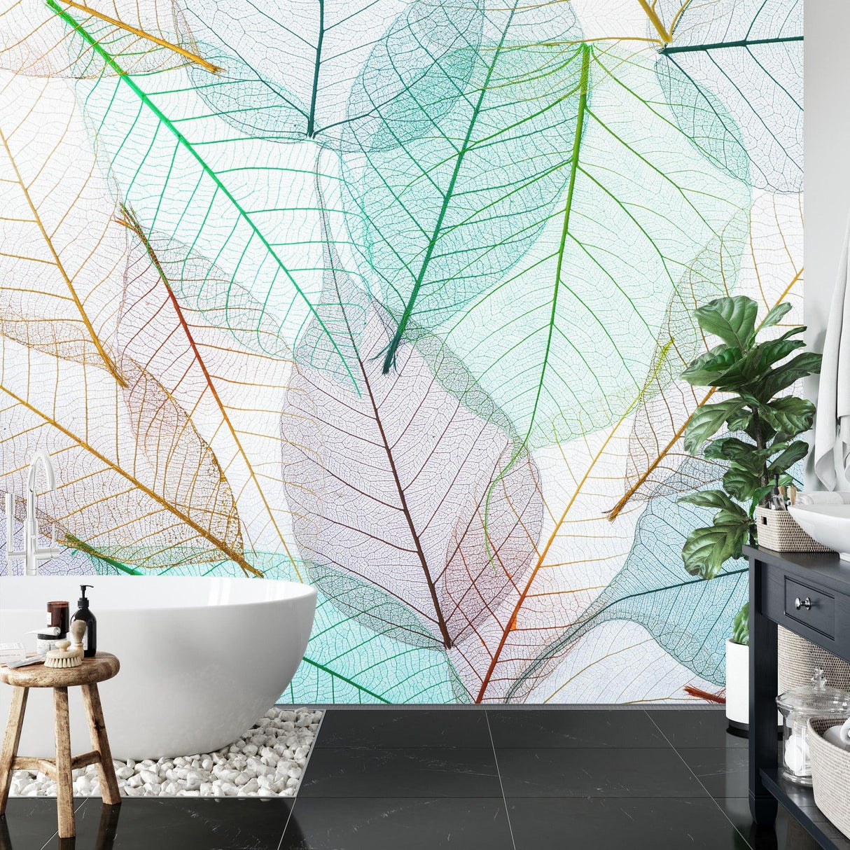 Transparent leaf pattern wallpaper adding depth to a minimalist bedroom setting