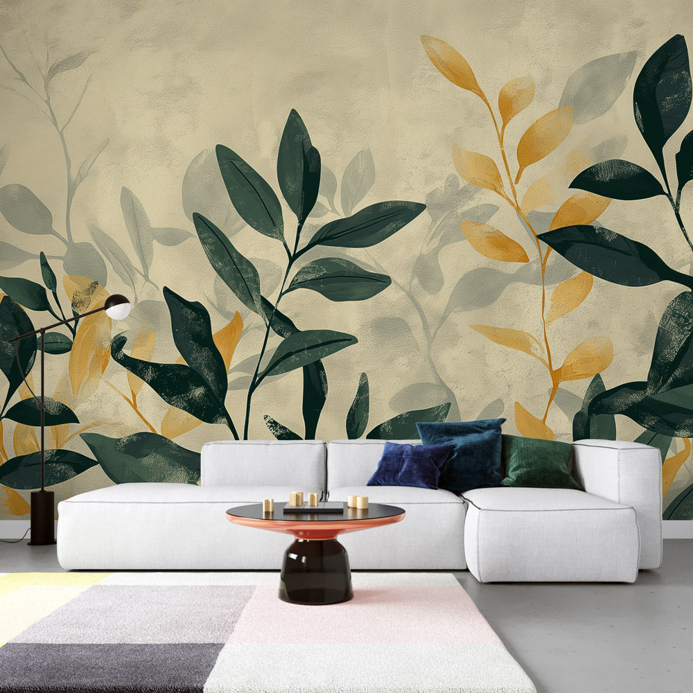 Botanical wallpaper with gold and green leaves creating a calm atmosphere in a modern living room