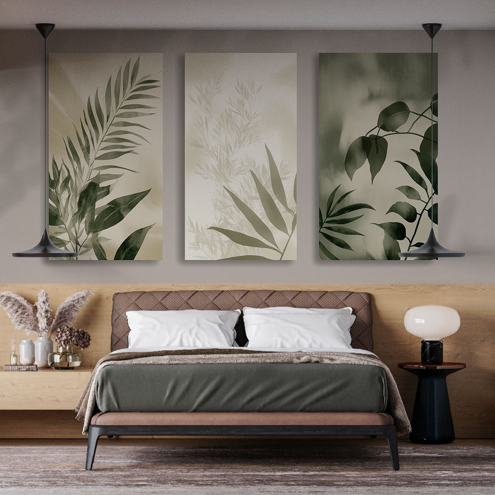 Botanical wall mural with green leaves creating a peaceful atmosphere in a modern living room with natural light