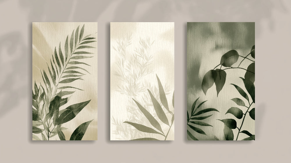 Elegant leaf triptych design file showing detailed watercolor botanical pattern in green and beige