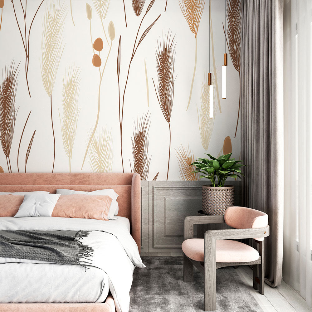 Botanical wheat pattern wallpaper creating a serene atmosphere in a modern dining room with natural light