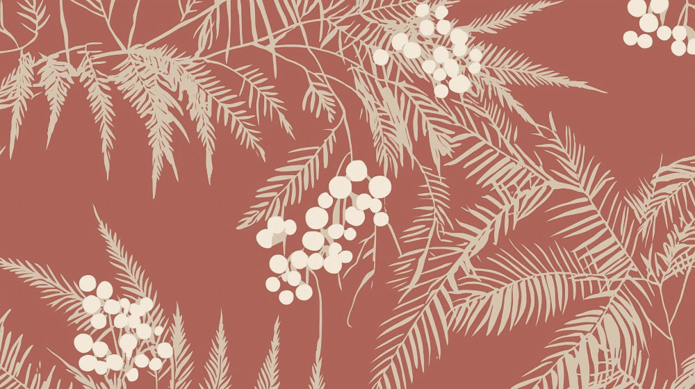 Botanical wallpaper with ferns and berries creating a warm atmosphere in a modern dining room with natural light