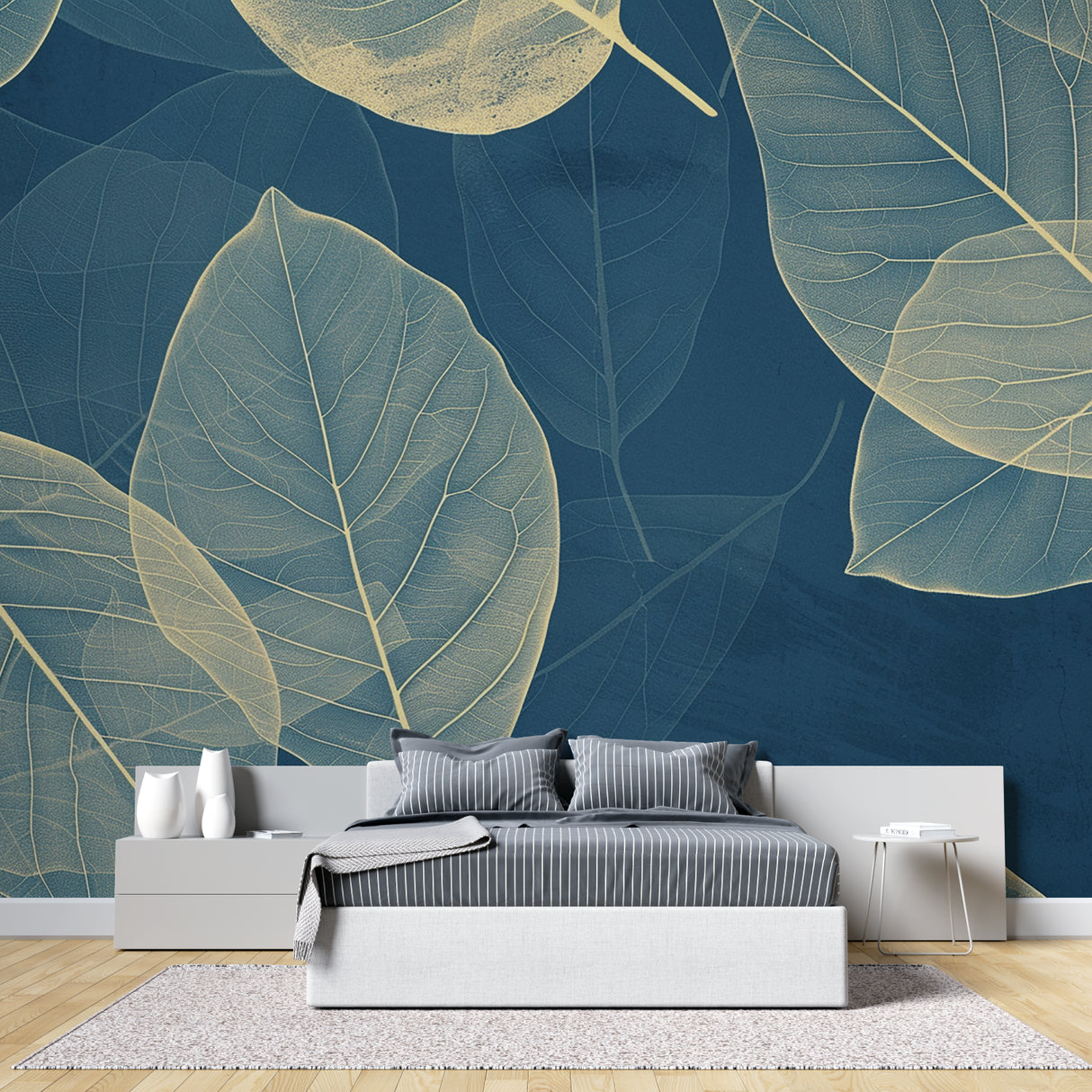 Gold and blue botanical wallpaper making a stunning impact in a master bedroom setting