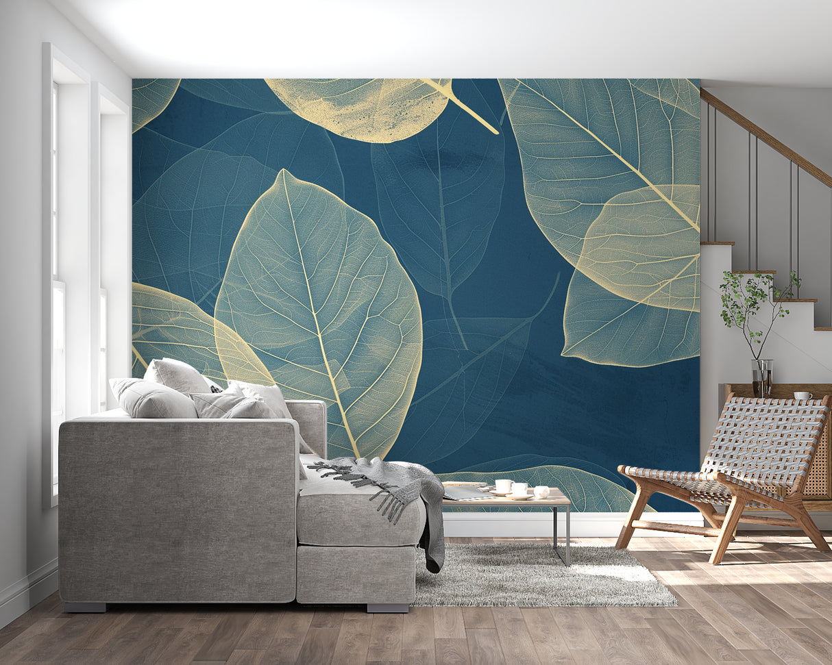 Deep blue and gold leaf wallpaper bringing luxury to a contemporary dining room