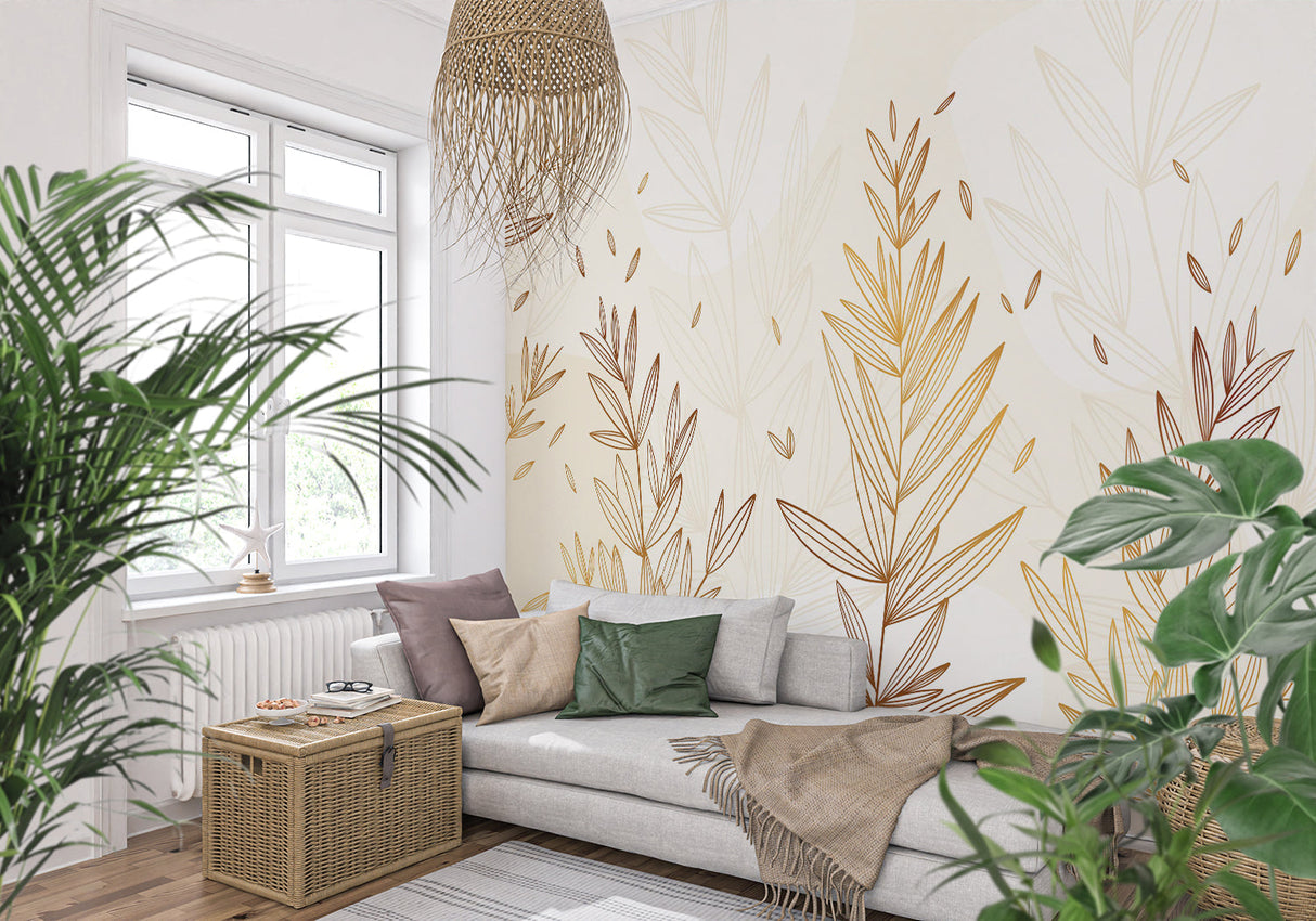 Master bedroom featuring golden botanical line art wallpaper with soft evening lighting